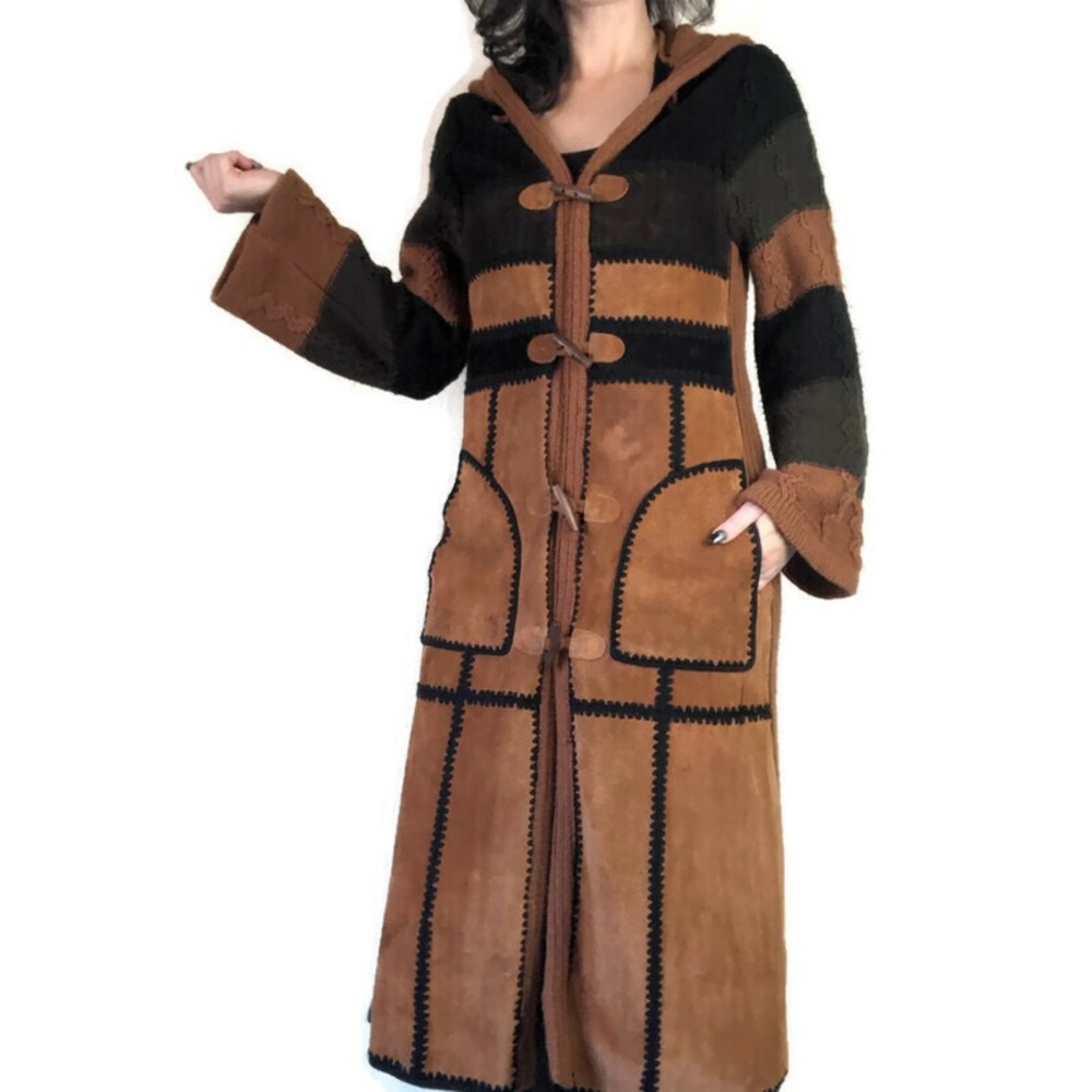 Vintage 70s suede black tan trench coat sz small